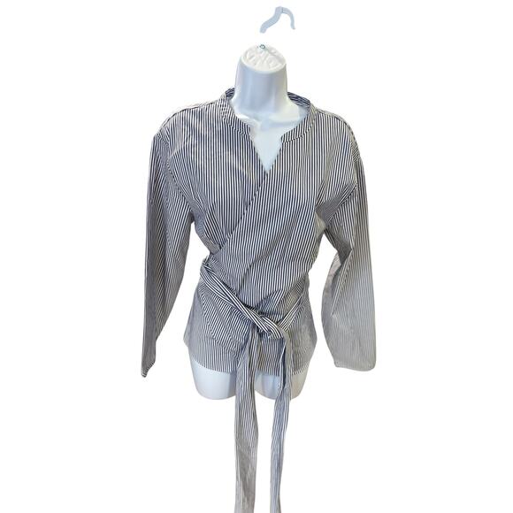 NWT J. Crew Blue White Business Stripe Cotton Wrap Blouse Office Women's Size 12 - Picture 2 of 12